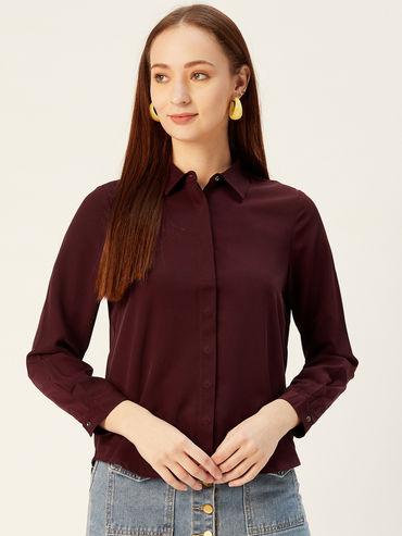 Women Maroon Solid Slim Fit Solid Casual Shirt