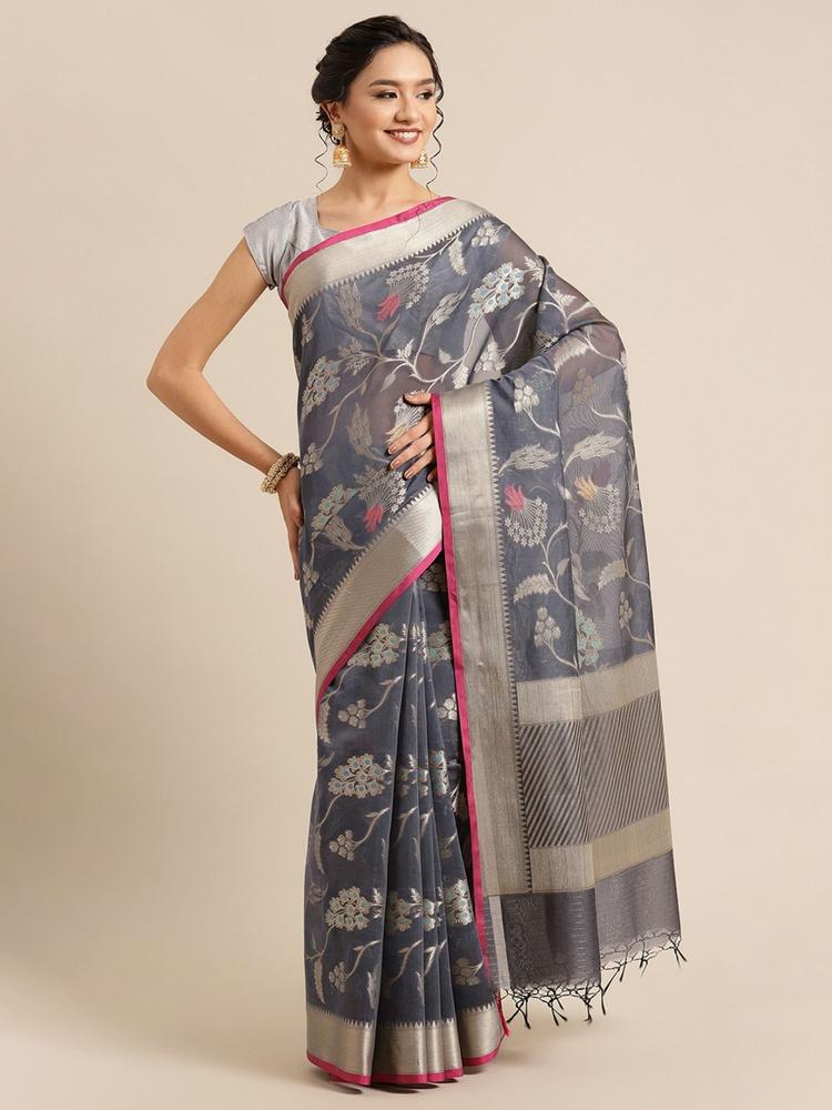 Masrise Cotton Woven Saree Grey with Unstitched Blouse