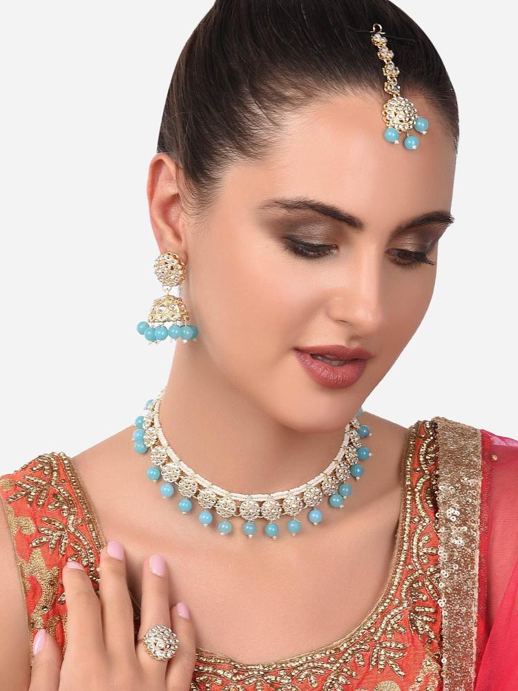 Turquoise Blue Kundan Choker Necklace Earring Maangtikka & Ring-ZPFK14411 (Set of 4)