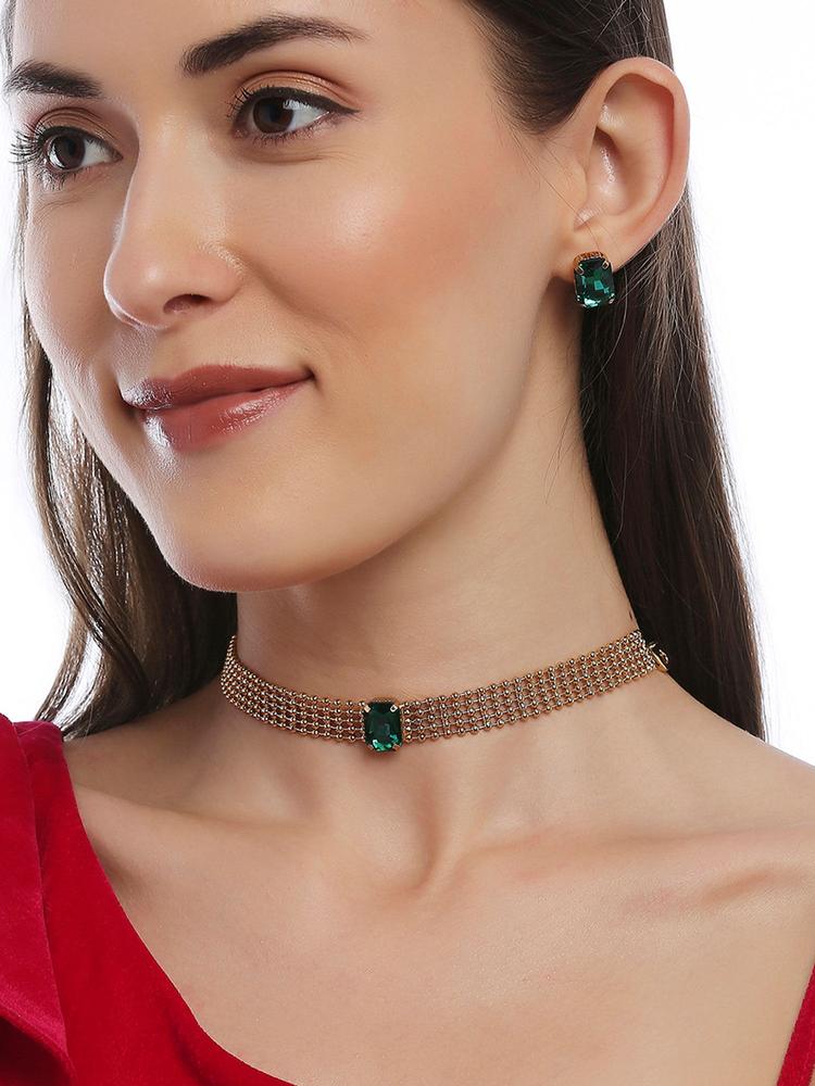 Gold Toned Necklace with Green Stone Studded Choker with Stud Earrings (Set of 2)