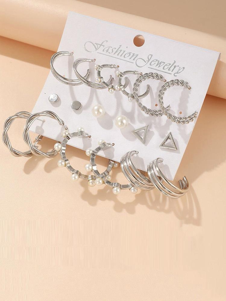 Silver Plated Silver-Toned Contemporary Hoop Earrings Set of 9