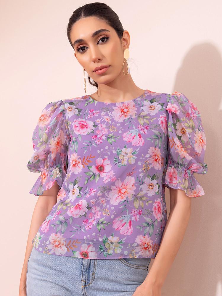 Lilac Floral Print Puff Sleeve Top with Camisole (S)
