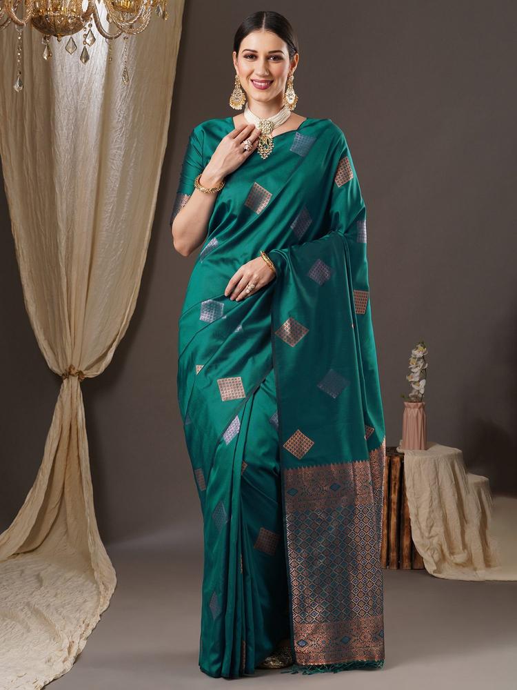 Womens Silk Blend Teal Blue Woven Design Saree with Unstitched Blouse