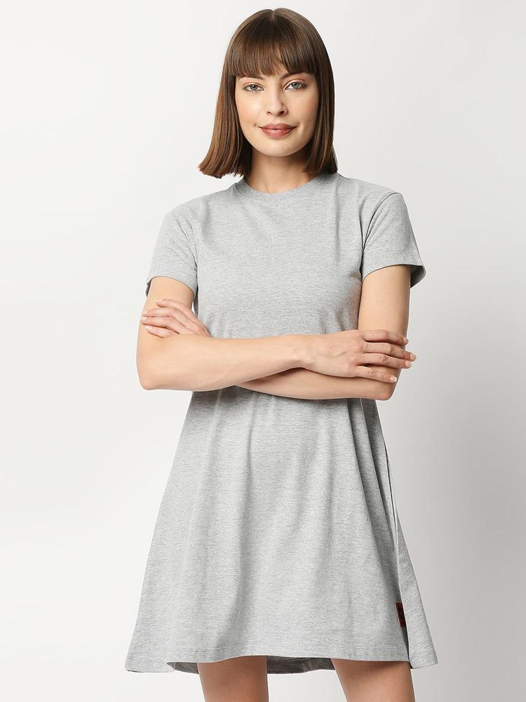 Women Round Neck Dresses Grey Melange Color Half Sleeves
