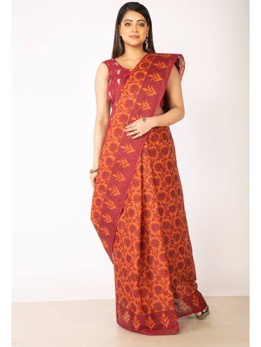 Orange Maroon Pure Krisha Block Printed Cotton Saree with Unstitched Blouse