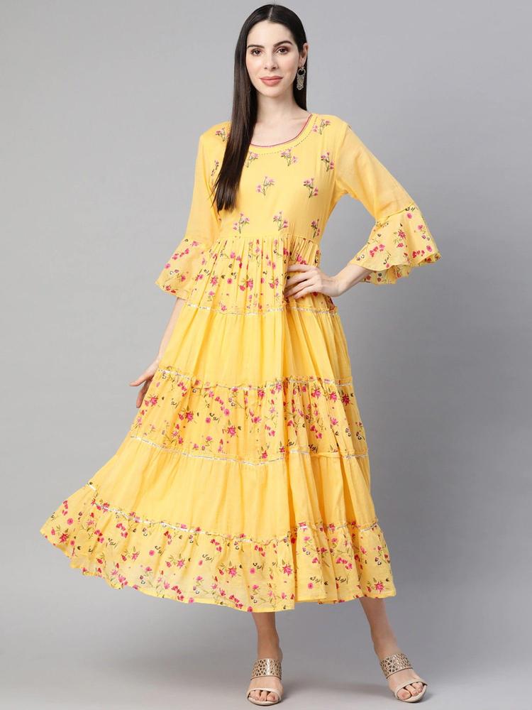Yellow Cotton Fabric Printed Dress