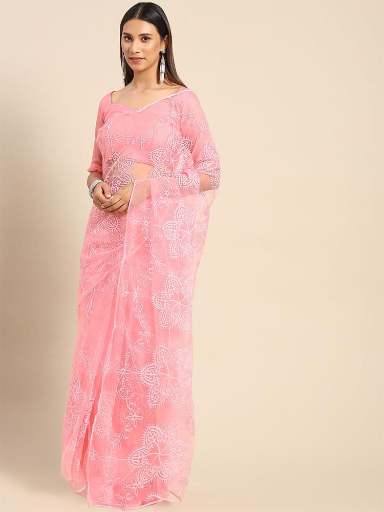 Pink Floral Embroidered Net Saree with Unstitched Blouse