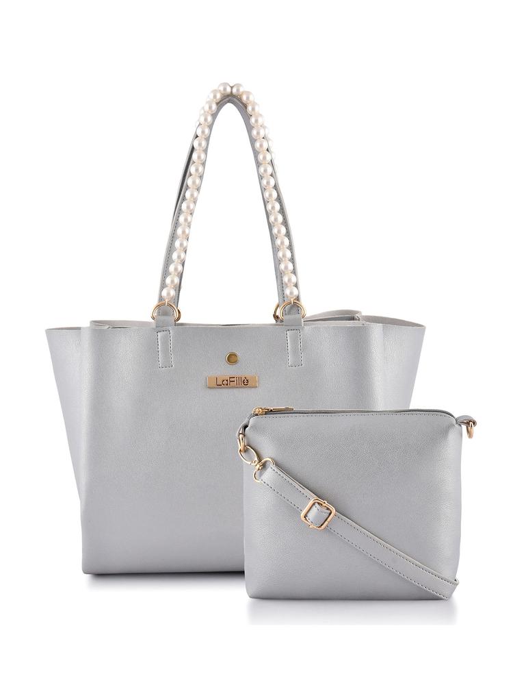 Silver Handbag For Women & Girls -Pu Leather Handbag-Set Of 2 Combo Bag For Office & College
