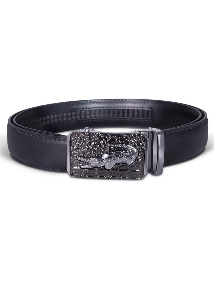 Mens Black Genuine Leather Belt with Crocodile Pattern Buckle