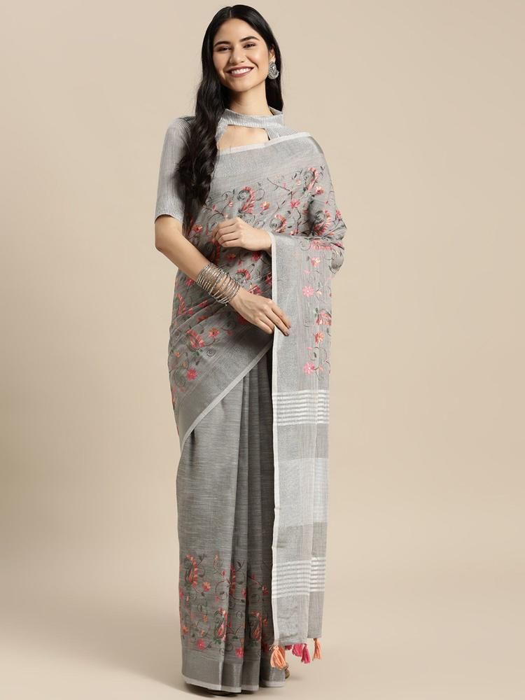 Grey Linen Resham Dori Work Traditional Tassle Saree with Unstitched
