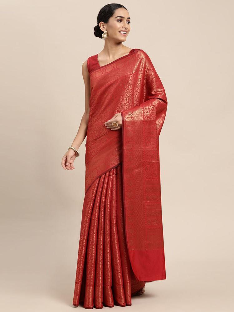 Red Copper Zari Kanjivaram Silk Saree with Unstitched Blouse