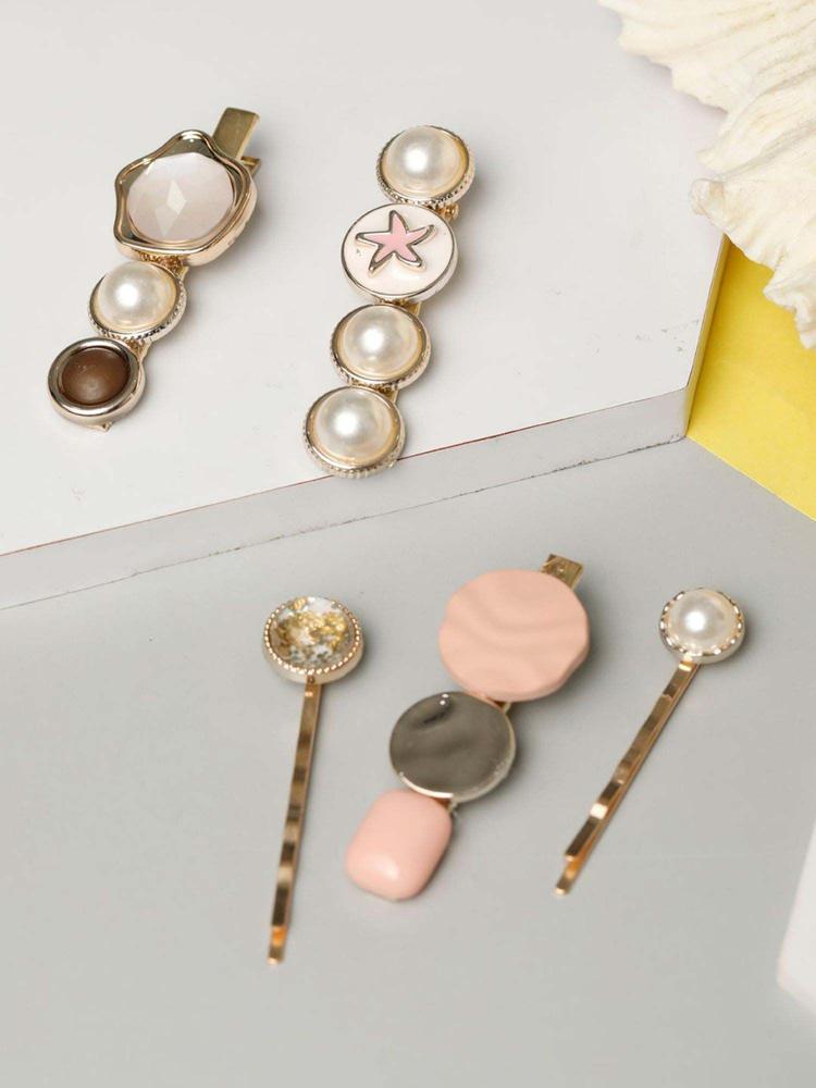 Multi-Colour Pearls Rose Gold Plated Set of 5 Hair Pins