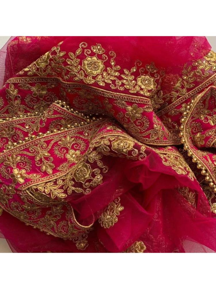 Bridal Pink Zari Velvet Embroidered Net Dupatta