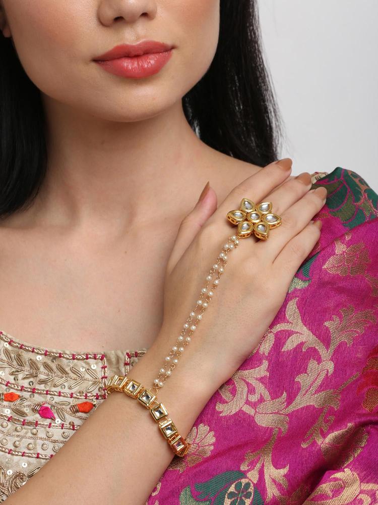 Women Gold-Toned White Flower Kundan Ring Bracelet