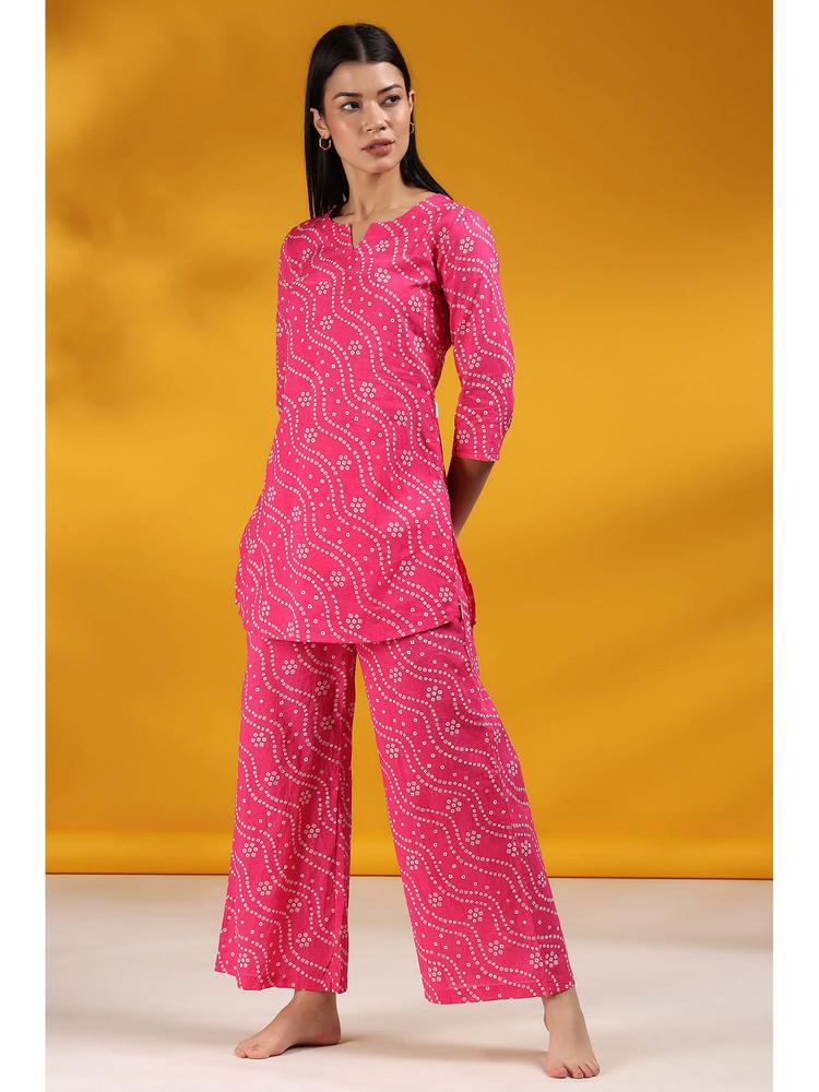 Printed Pure Cotton Pink Pyjama Top Night Suit (Set of 2)