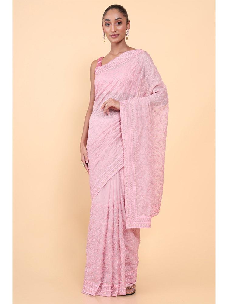Women Pink Organza Embroidered Saree with Unstitched Blouse