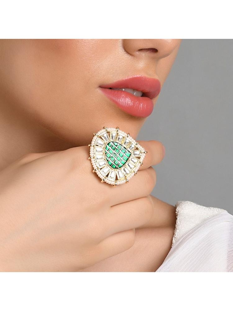 Handmade Bridal Gold -Plated Teardrop Green Meenakari Pearl Kundan Ring for Women