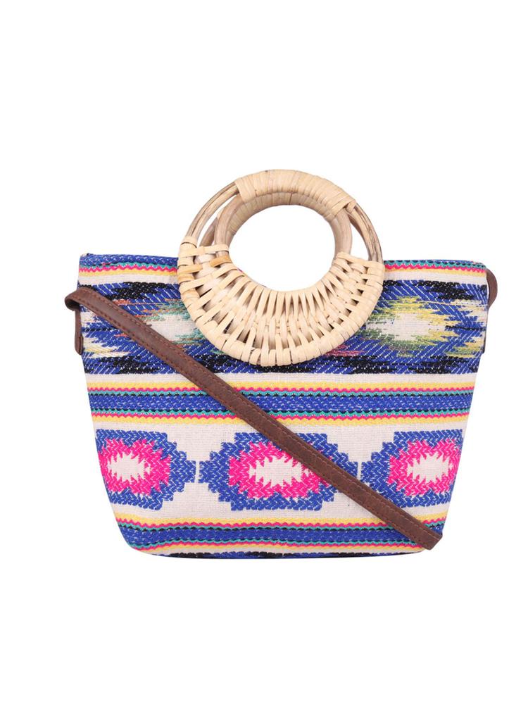 Blue Sling Bag with Wicker Handle and Pu Strap