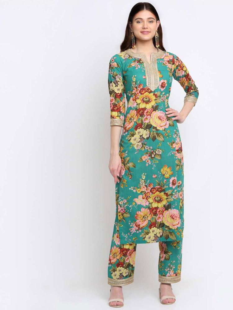 Peacock Green Floral Kurti With Straight Palazzo Co-ord Set (Set Of 2)
