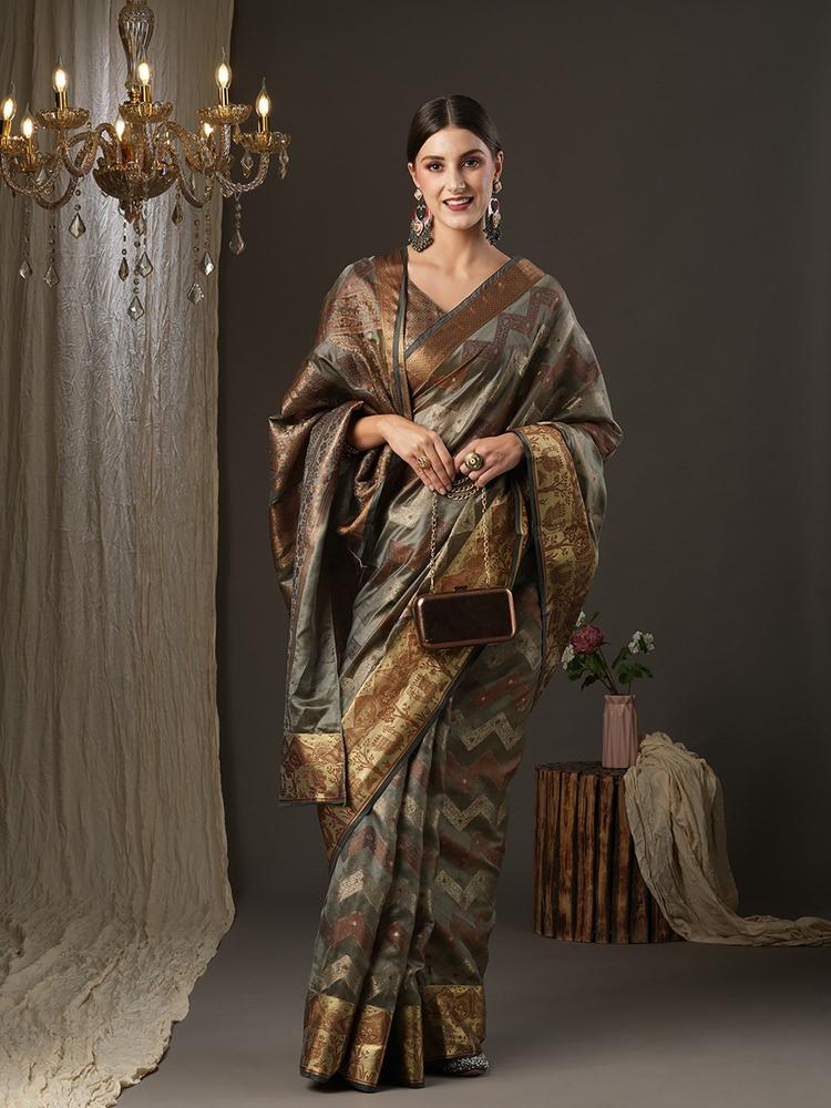 Womens Silk Blend Grey Woven Design Designer Saree with Unstitched Blouse