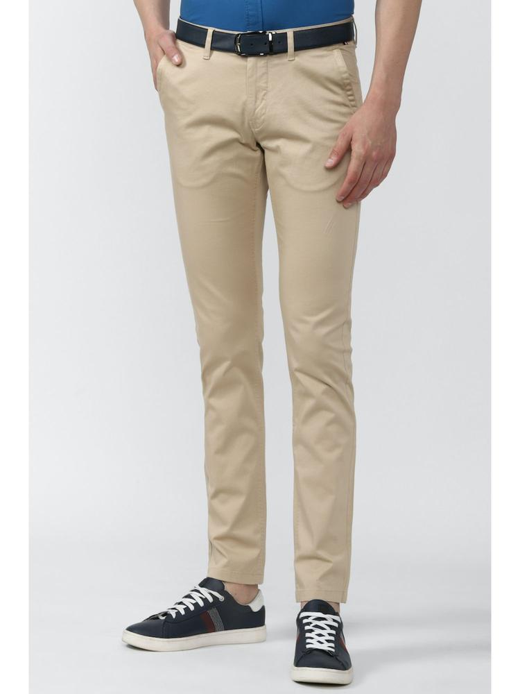 Mens Solid Beige Casual Trouser