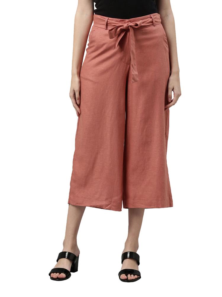 Women Solid Rust Linen Mid Rise Culottes