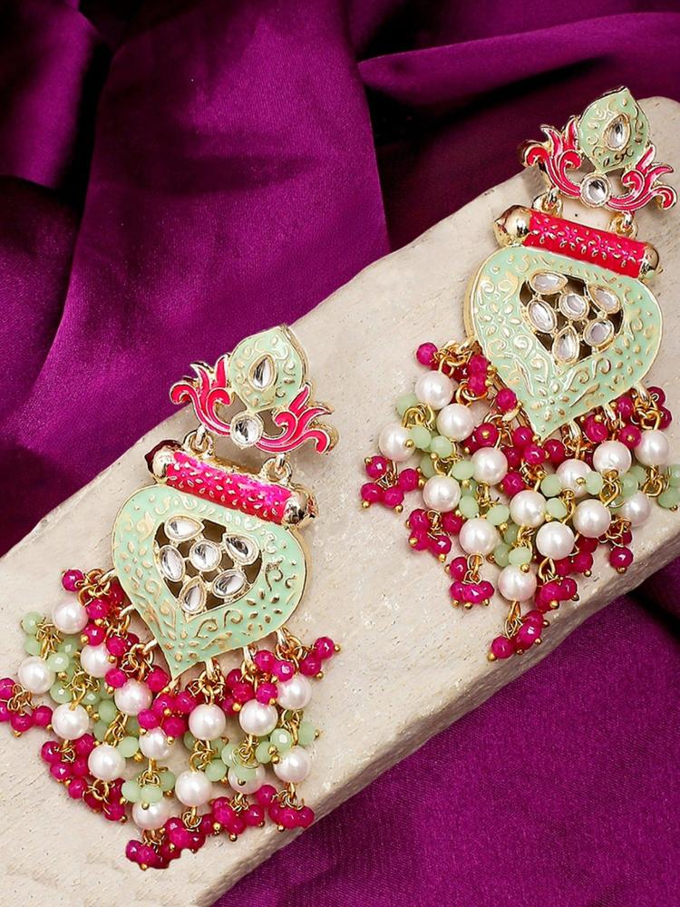 Mint Green and Pink Meenakari Enamel with Kundan and Pearls Ethnic Drop Earrings