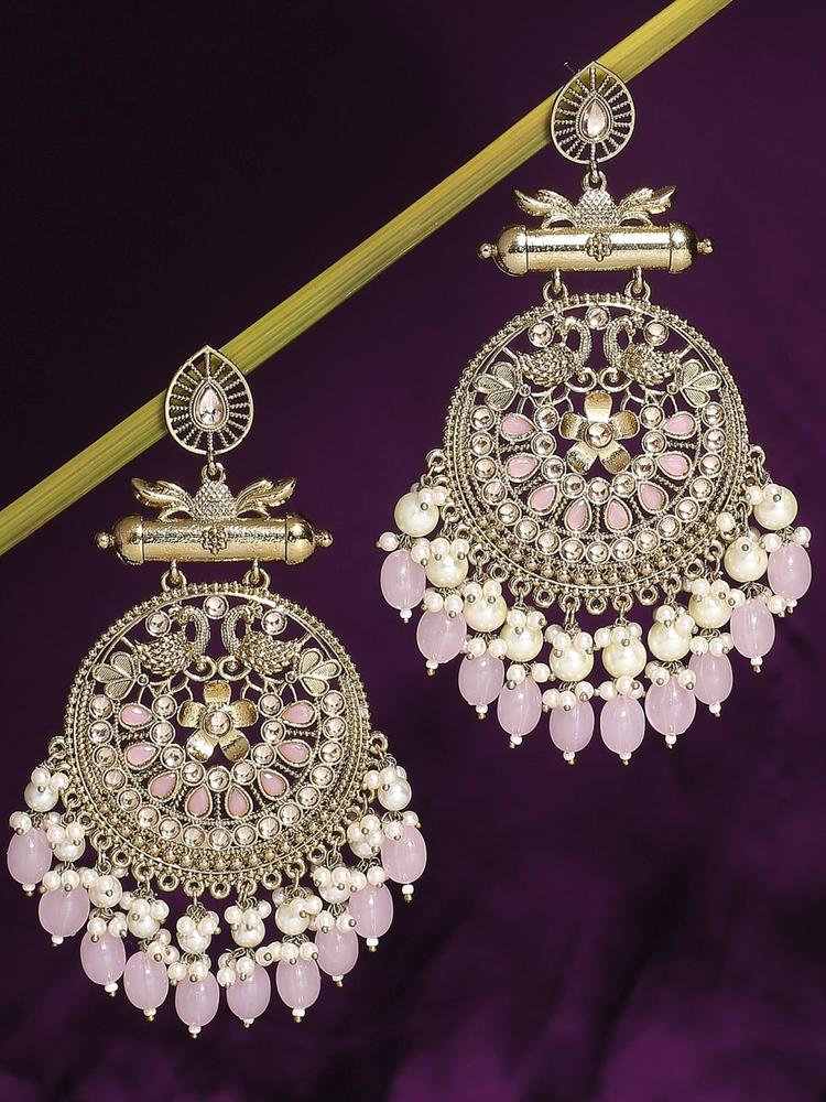 Pink and Gold Kundan With Pearls Peacock Ethnic Large Drop Earrings