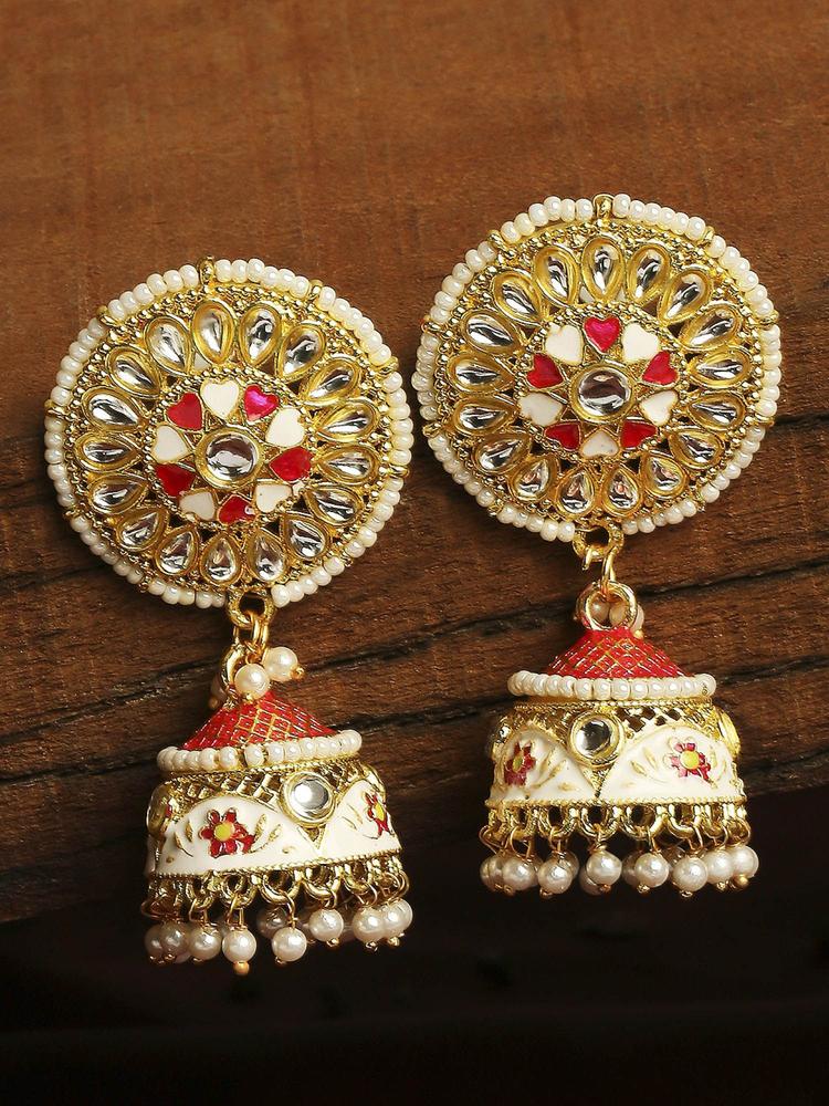 Pink Meenakari Enamel with Kundan and Pearls Ethnic Jhumka-Jhumki Earrings