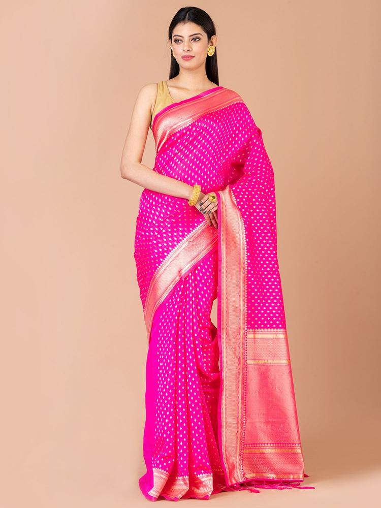 Pink Silk Banarasi Saree with Unstitched Blouse