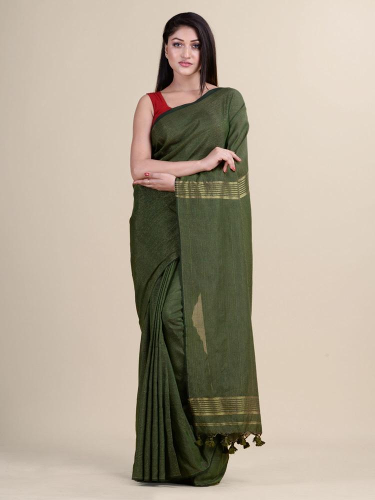 Deep Green & Golden Zori Cotton Silk Hand Woven Saree With Unstitched Blouse