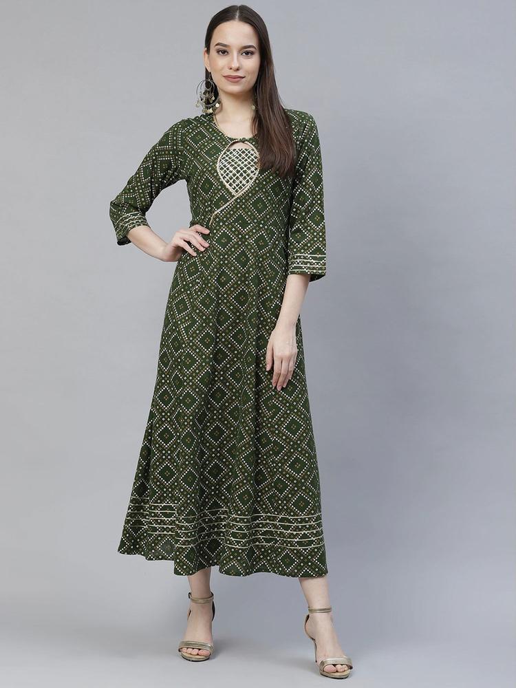 Green & Silver-toned Ethnic Motifs Keyhole Neck A-line Maxi Dress