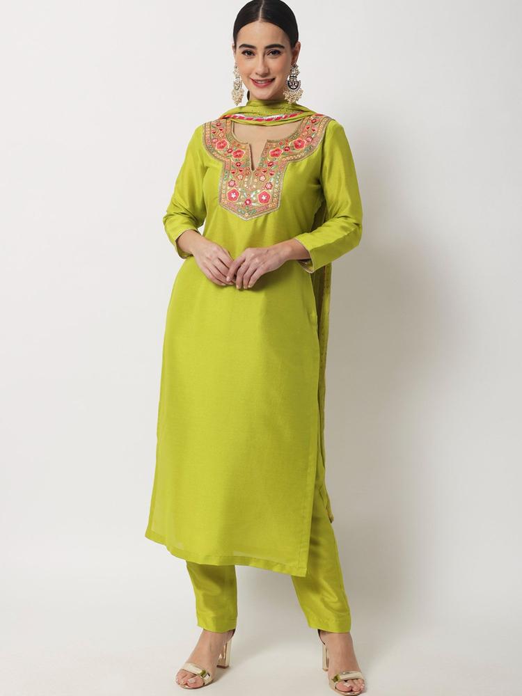 Lime Green Floral Embroidered Kurti with Pant and Chiffon Dupatta (Set of 3)
