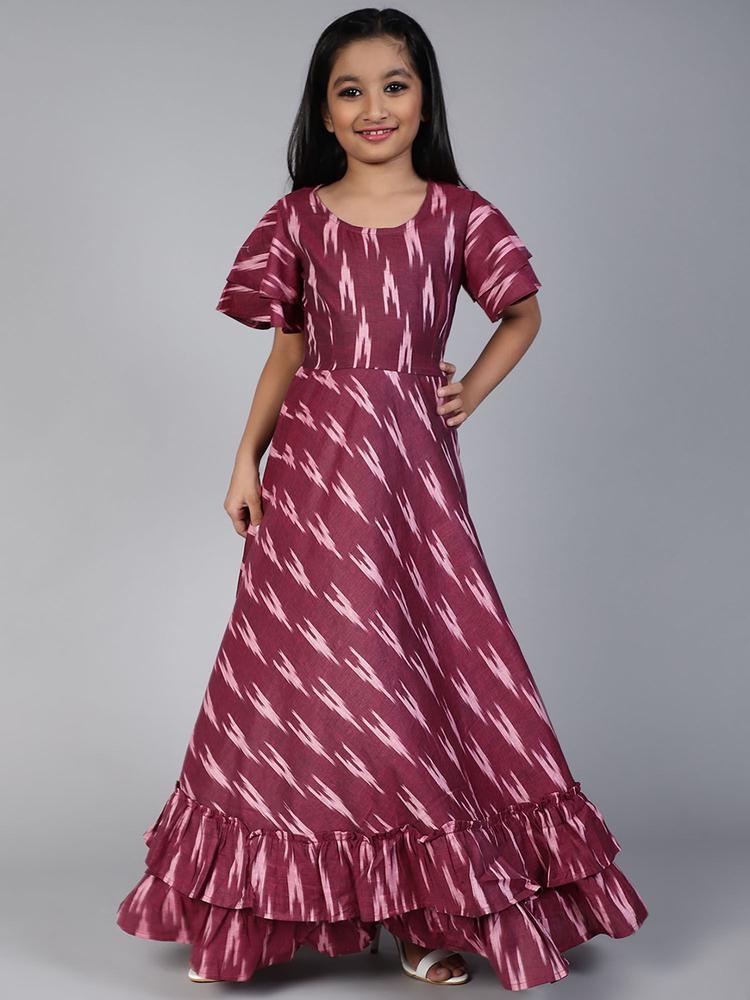 Burgundy Iket Woven Design Flared Dress