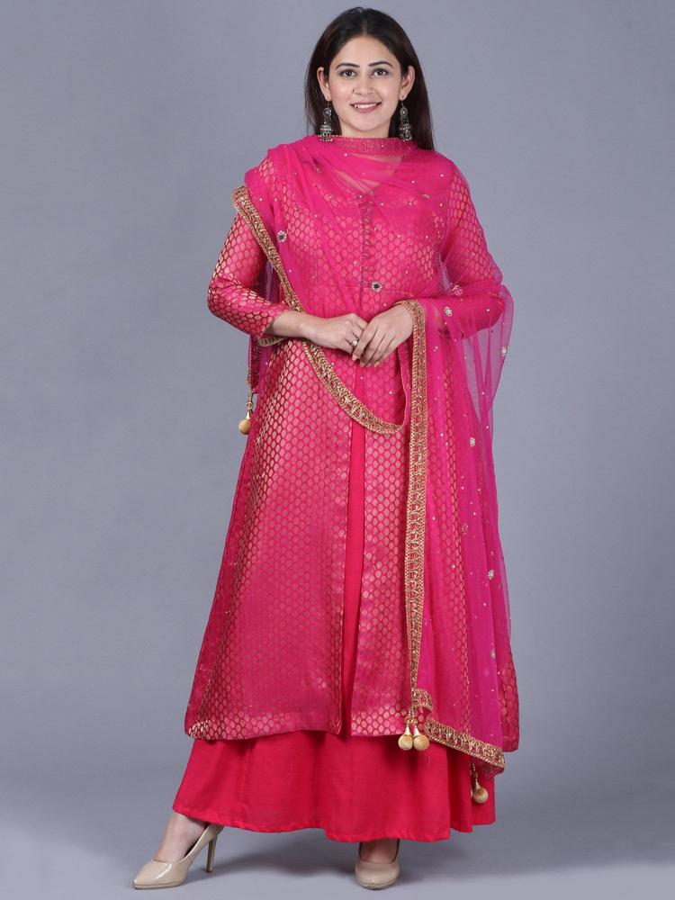 Pink Brocade Double Layered Jacket Dress With Pink Net Dupatta (Set of 2)