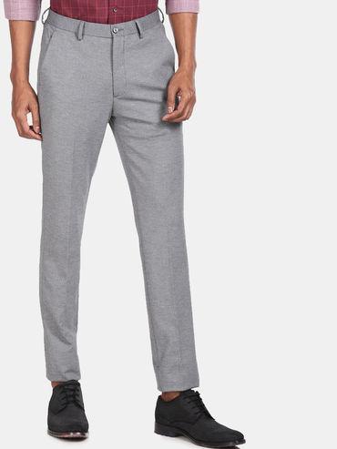 Men Grey Flat Front Patterned Formal Trousers