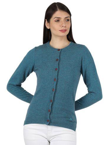 Womens Lambs Wool Teal Solid Round Neck Cardigan