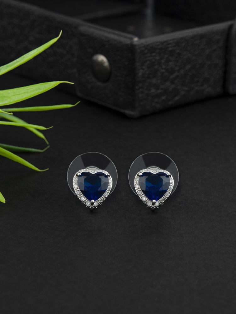 Self Design Blue Diamond Heart Shaped Stud Earring with Blue Colour Stone