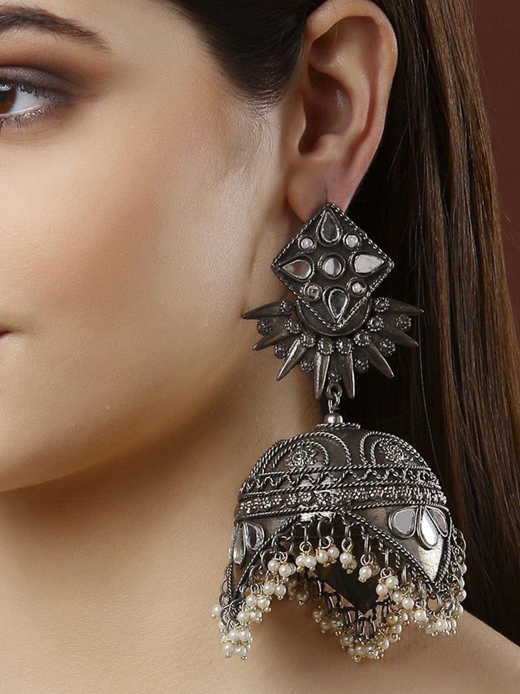 Mirrors & Pearls Antique Tasselled Design Oxidised Silver Plated Handcrafted Jhumkas