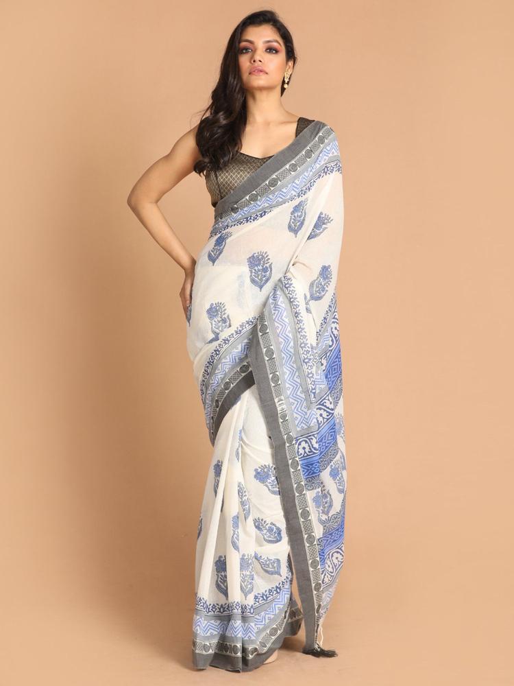 White Floral Pure Cotton Saree with Unstitched Blouse
