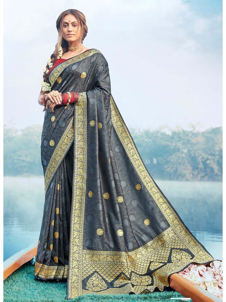 Grey Color Banarasi Silk Woven Designer Saree With Unstiched Blouse