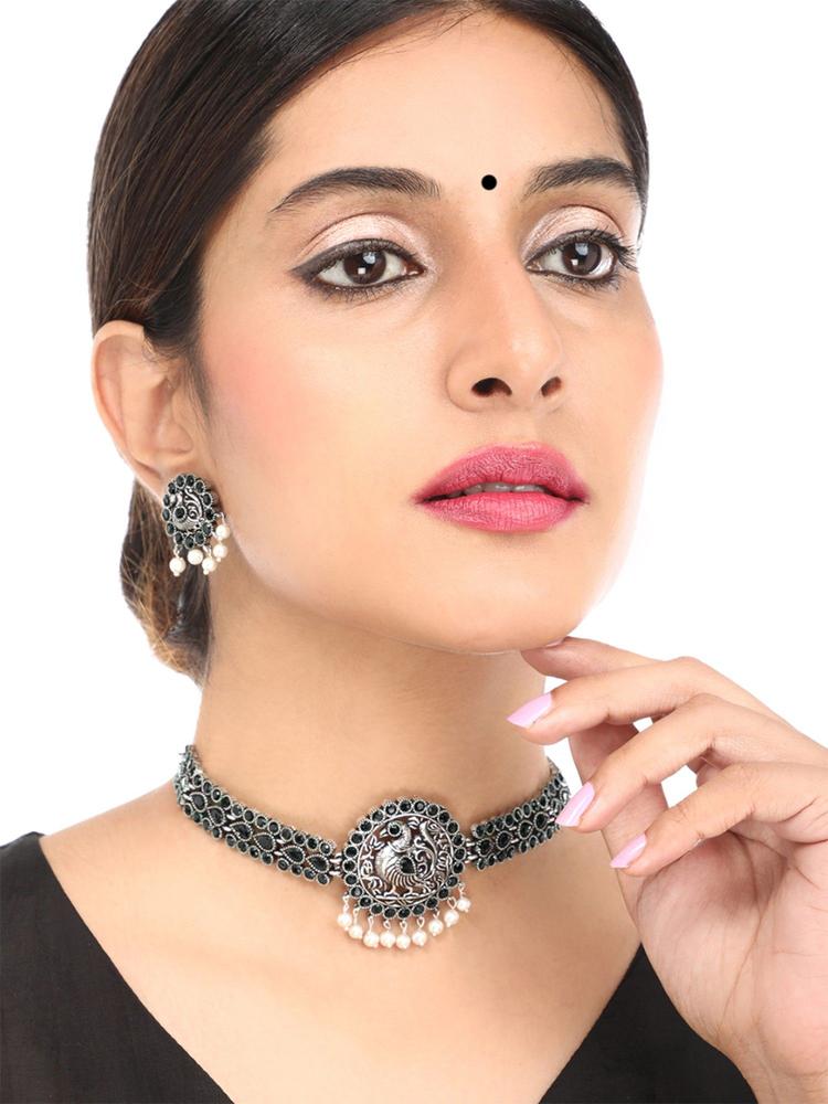 Stones Studded Peacock Design Choker Necklace (Set of 2)