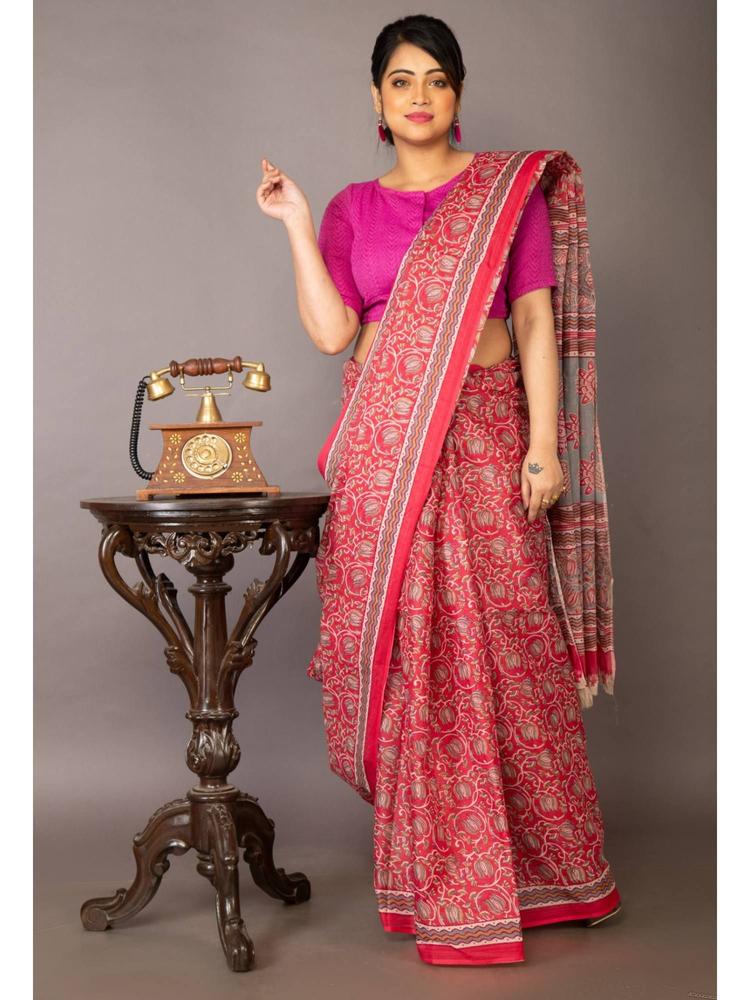 Red Pure Krisha Block Printed Cotton Saree with Unstitched Blouse