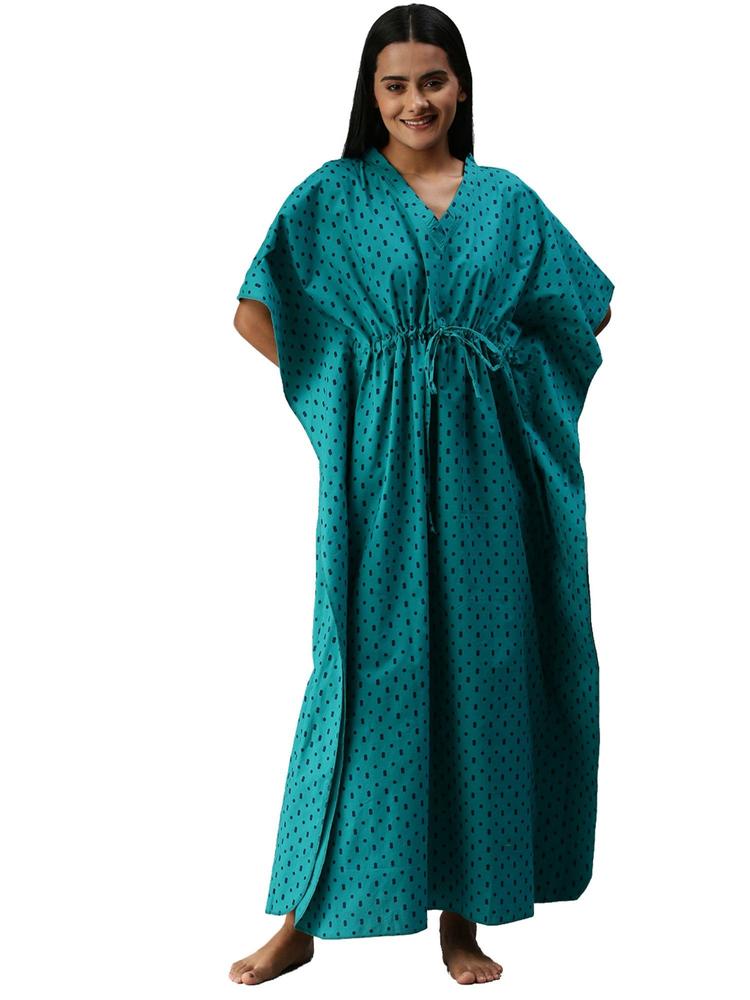 Women Green Printed Cotton Maxi Kaftan Nightdress (Free Size)