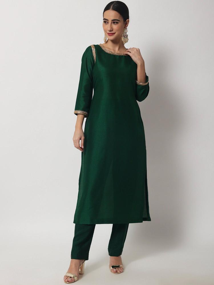 Emerald Green Straight Kurti with Straight Pant (Set of 2)