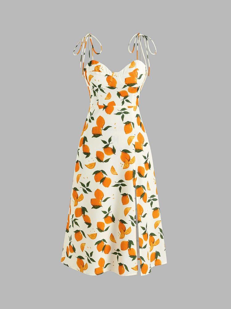 Lemon Print Tie Shoulder Slit Midi Dress