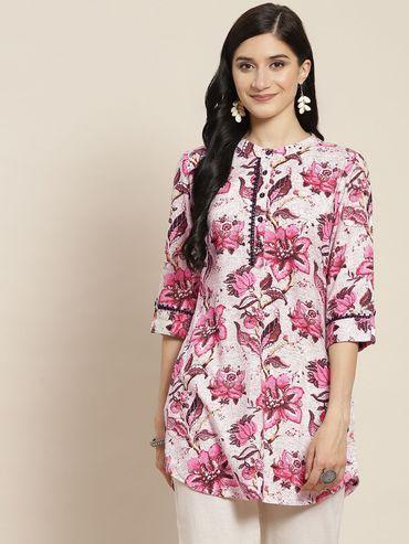 Women Off White and Pink Floral Print Kurti