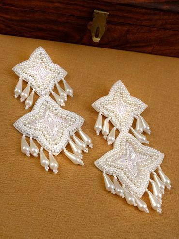 Off-White Beads Studded Handcrafted Contemporary Star Design Drop Earrings