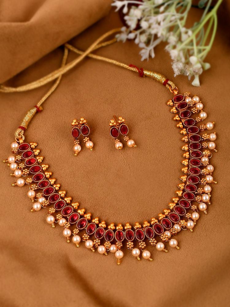 Gold-Plated Handcrafted Pink Stone Jewellery (Set of 2)
