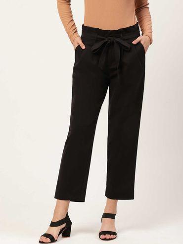 Women Black Straight Fit Solid Parallel Trousers